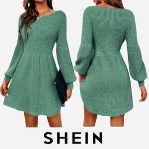 SHEIN Classic Solid Ribbed Knit Lantern Sleeve Sweater Dress In Green Sz Small